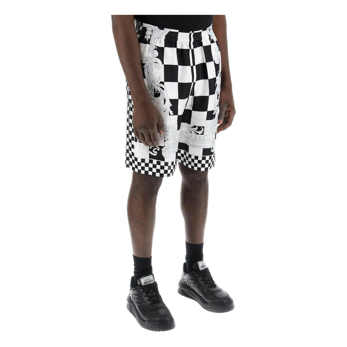 Black and White Medusa Constrasto Printed Silk Shorts VERSACE JOHN JULIA.