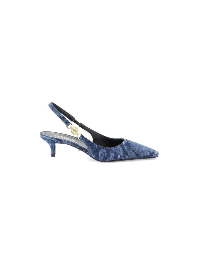 Blue Barocco Medusa '95 Cotton Denim Slingback Pumps VERSACE JOHN JULIA.