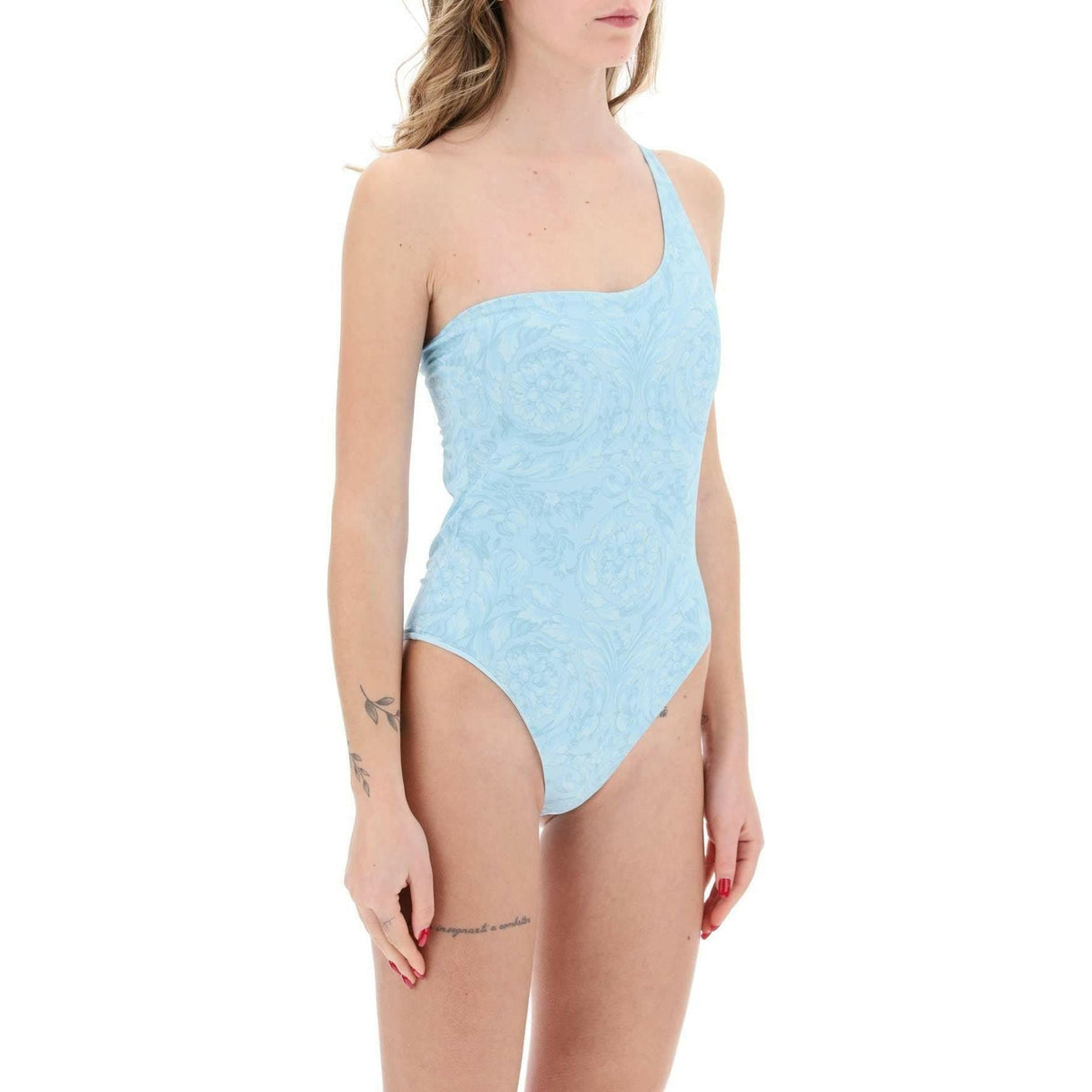 Blue Barocco Print One Shoulder Swimsuit VERSACE JOHN JULIA.