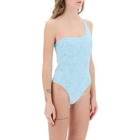 Blue Barocco Print One Shoulder Swimsuit VERSACE JOHN JULIA.