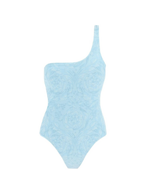 Blue Barocco Print One Shoulder Swimsuit VERSACE JOHN JULIA.