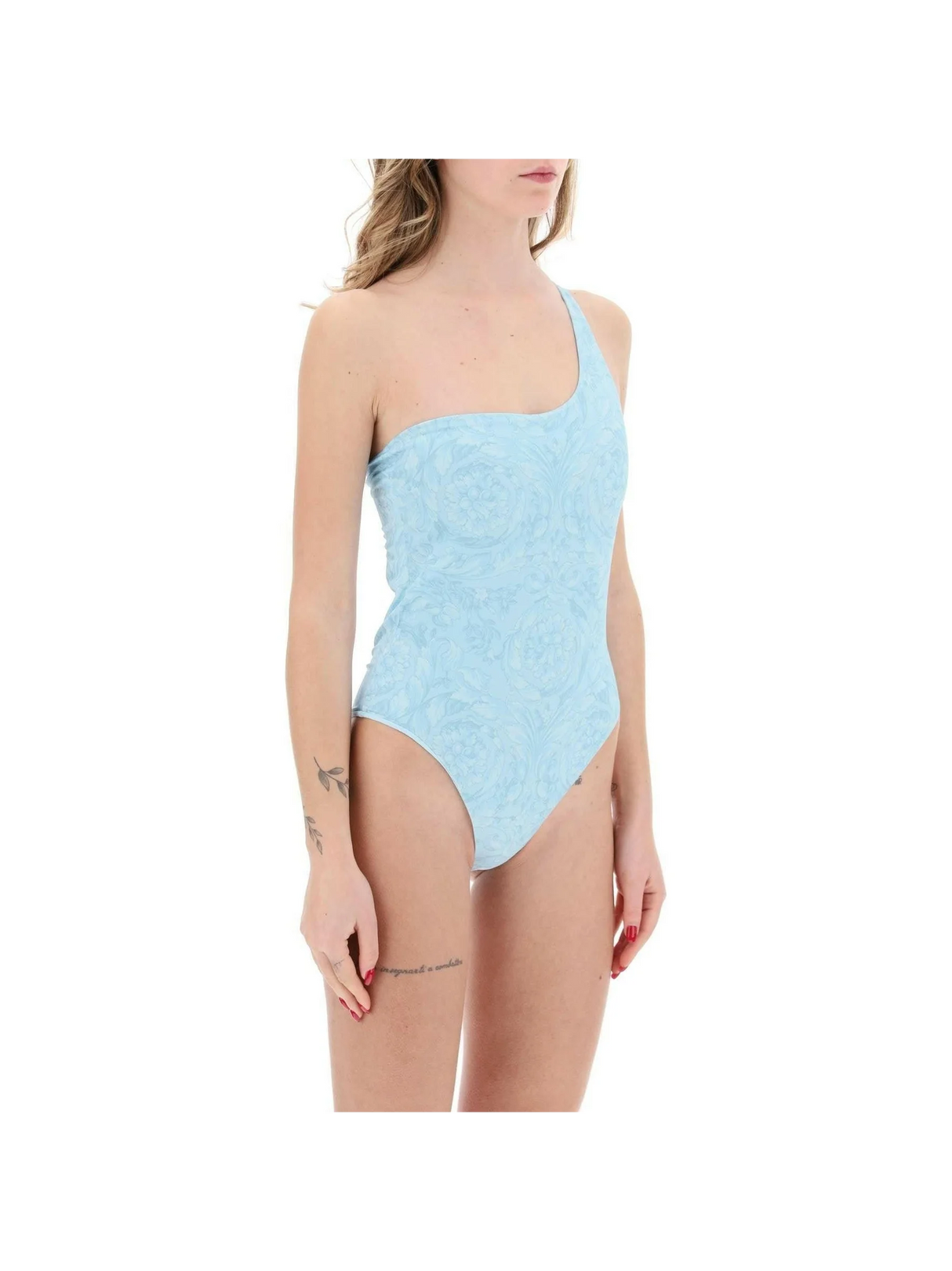 Blue Barocco Print One Shoulder Swimsuit VERSACE JOHN JULIA.