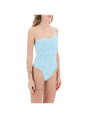 Blue Barocco Print One Shoulder Swimsuit VERSACE JOHN JULIA.