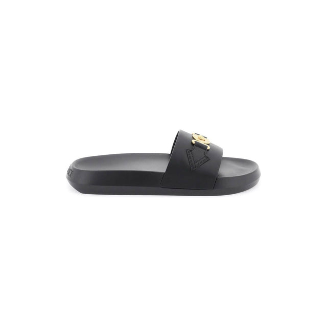 Black Leather Medusa Biggie Slides With Greca Pattern VERSACE JOHN JULIA.