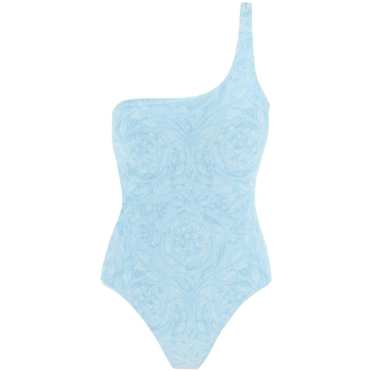 Blue Barocco Print One Shoulder Swimsuit VERSACE JOHN JULIA.