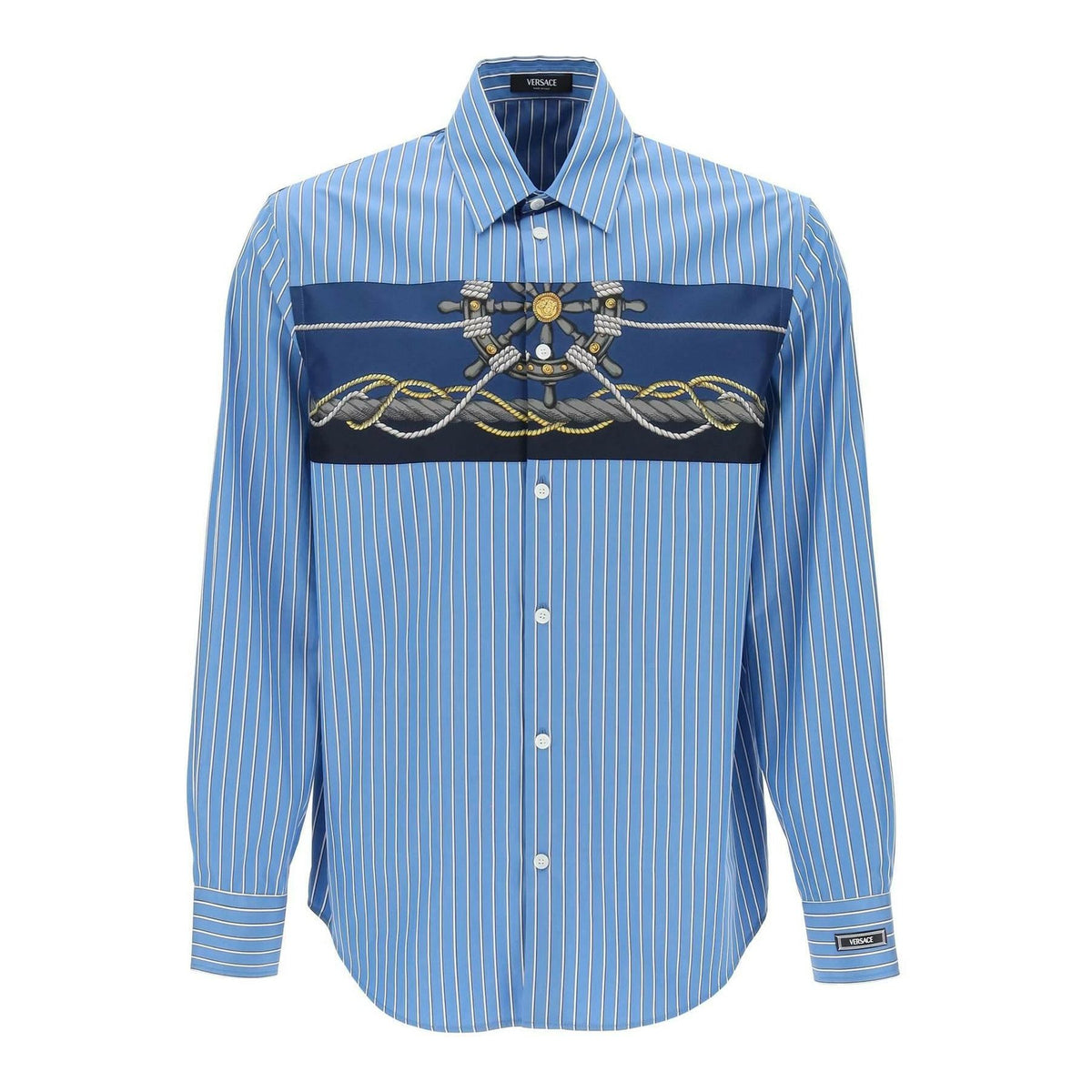 Blue Gold Striped Cotton Poplin Shirt With Silk Twill Insert VERSACE JOHN JULIA.