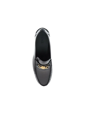 Black Brushed Leather Medusa '95 Loafers With Gold Detail VERSACE JOHN JULIA.