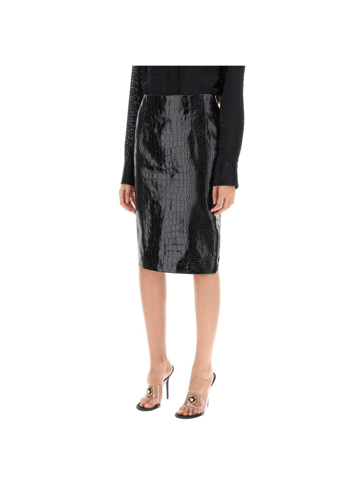 Black Croc-Effect Leather Mini Skirt VERSACE JOHN JULIA.