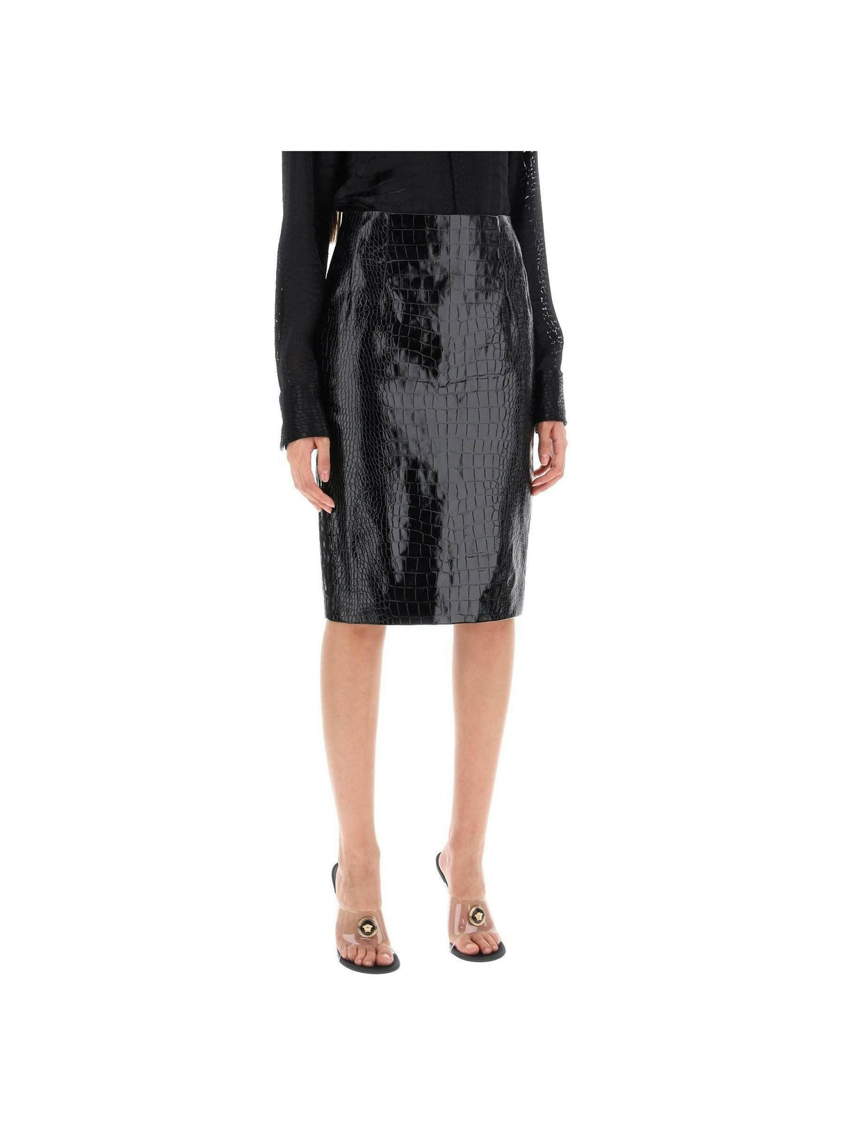 Black Croc-Effect Leather Mini Skirt VERSACE JOHN JULIA.