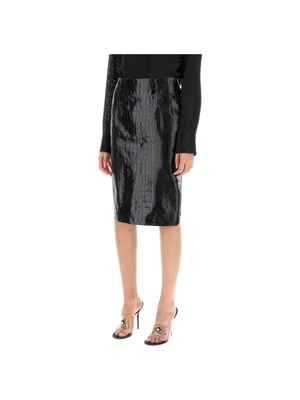 Black Croc-Effect Leather Mini Skirt VERSACE JOHN JULIA.