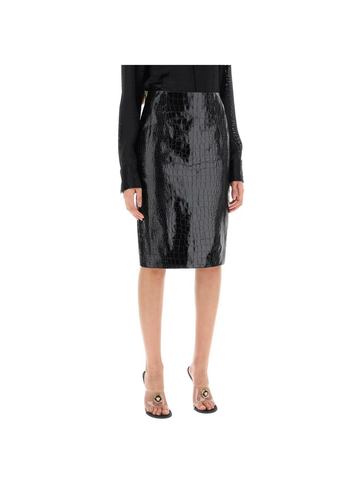 Black Croc-Effect Leather Mini Skirt VERSACE JOHN JULIA.