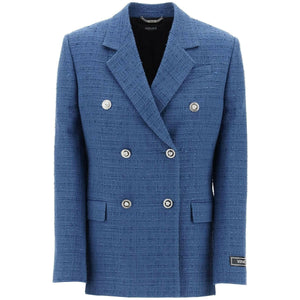 Blue Double-Breasted Tweed Bouclé Blazer VERSACE JOHN JULIA.