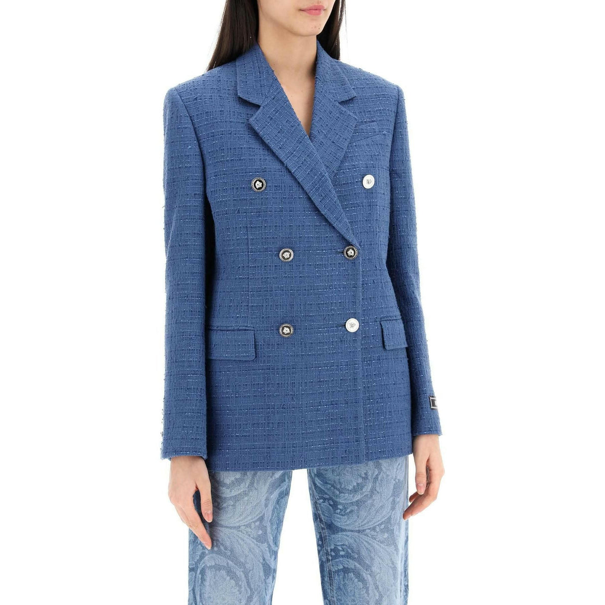 Blue Double-Breasted Tweed Bouclé Blazer VERSACE JOHN JULIA.