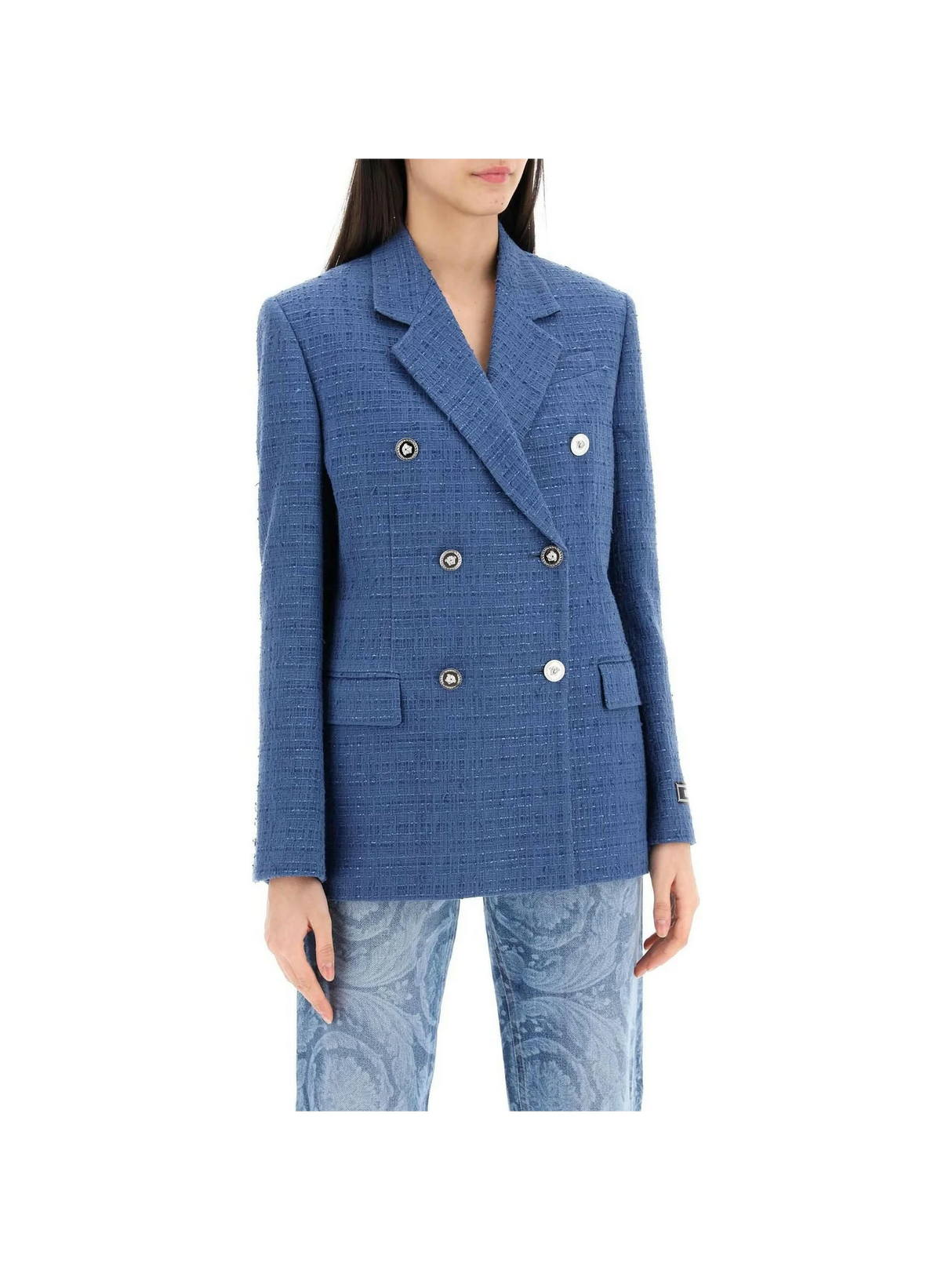 Blue Double-Breasted Tweed Bouclé Blazer VERSACE JOHN JULIA.