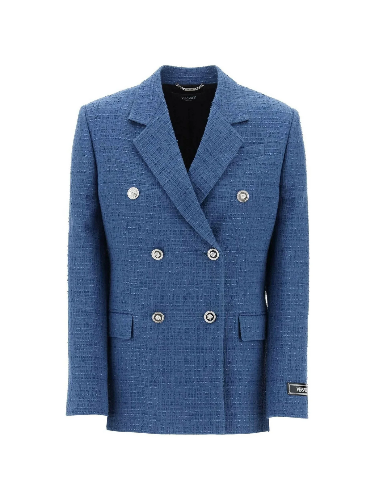 Blue Double-Breasted Tweed Bouclé Blazer VERSACE JOHN JULIA.