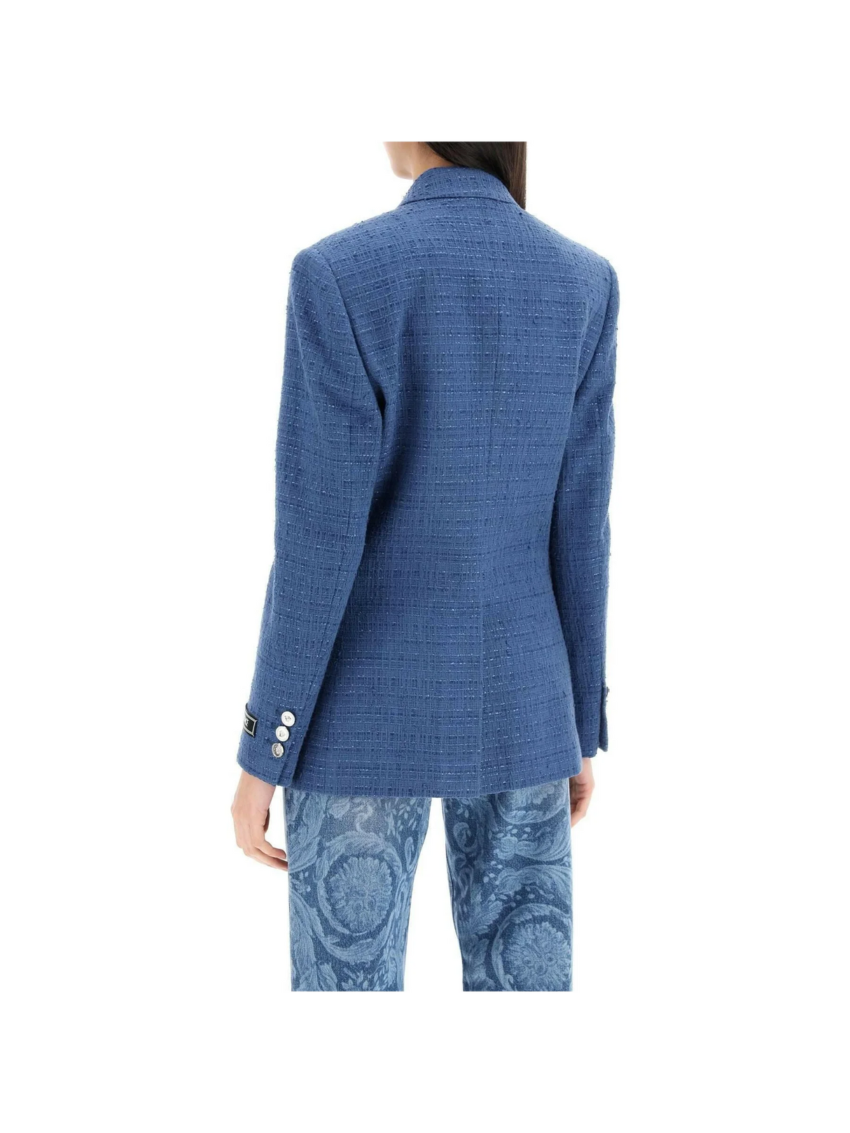 Blue Double-Breasted Tweed Bouclé Blazer VERSACE JOHN JULIA.