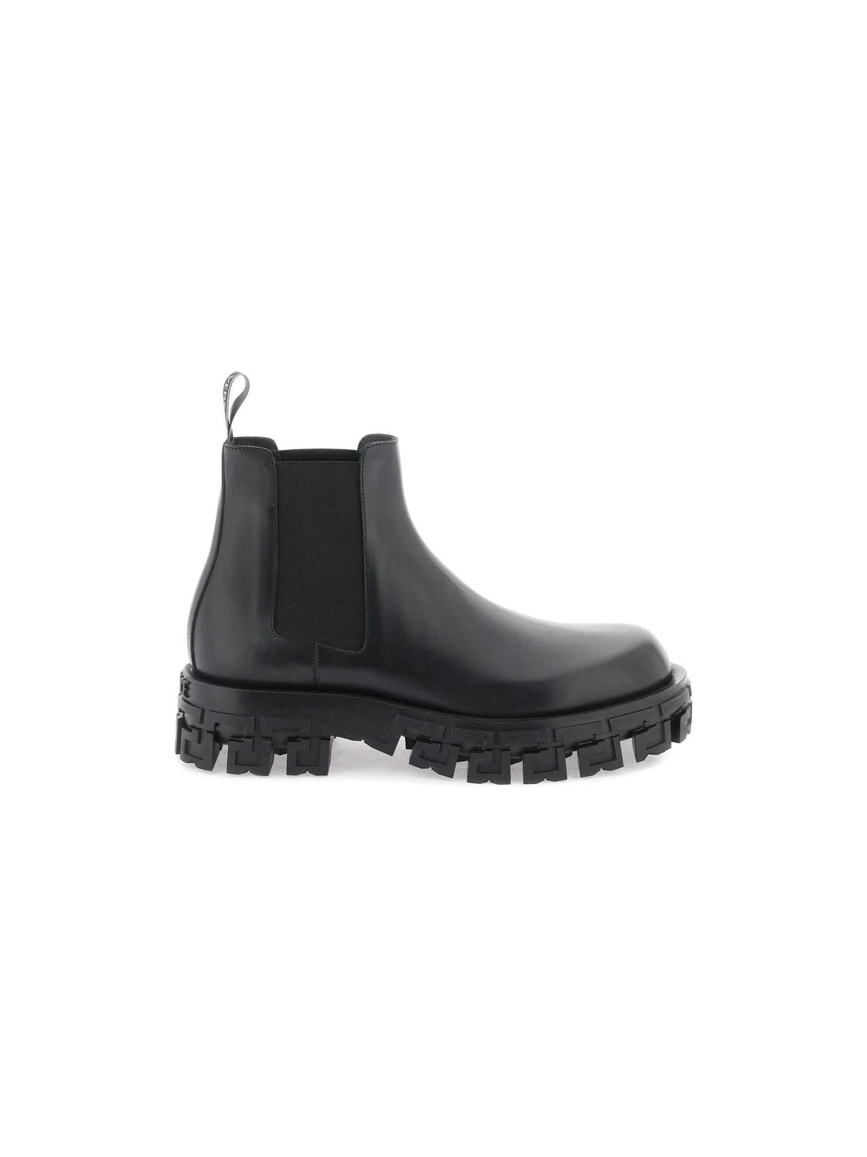 Black 'Greca Portico' Leather Chelsea Boots VERSACE JOHN JULIA.