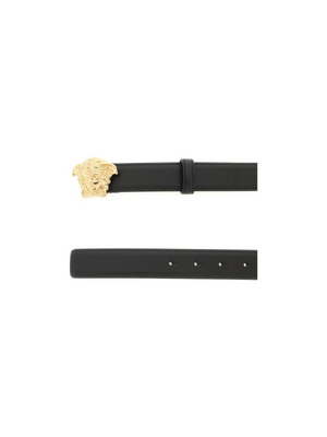 Black Leather Belt With Gold-Finished Medusa Pin Buckle VERSACE JOHN JULIA.