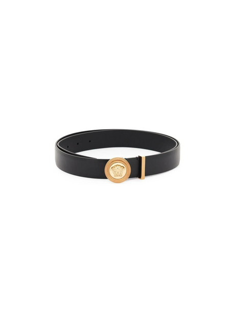 Black Leather Medusa Biggie Belt With Gold-Tone Buckle VERSACE JOHN JULIA.