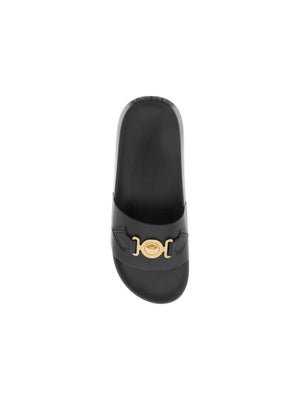 Black Leather Medusa Biggie Slides With Greca Pattern VERSACE JOHN JULIA.