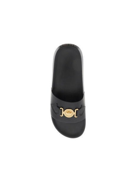 Black Leather Medusa Biggie Slides With Greca Pattern VERSACE JOHN JULIA.