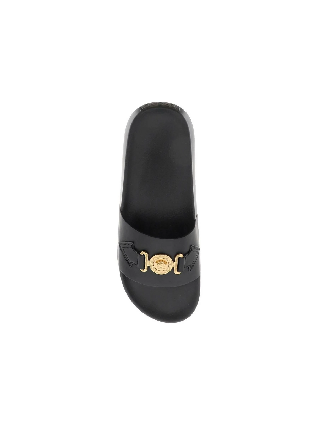 Black Leather Medusa Biggie Slides With Greca Pattern VERSACE JOHN JULIA.