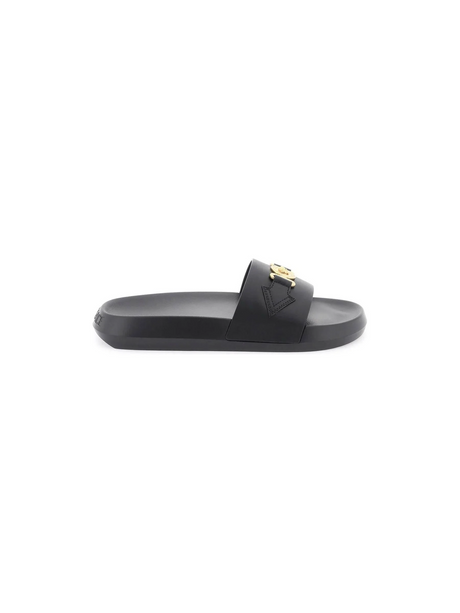 Black Leather Medusa Biggie Slides With Greca Pattern VERSACE JOHN JULIA.