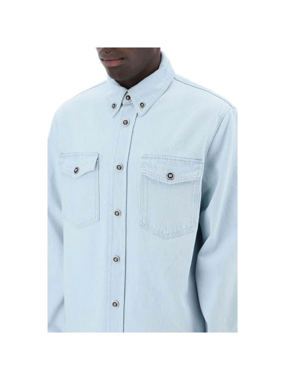 Light Blue Medusa Stone-Washed Denim Shirt VERSACE JOHN JULIA.