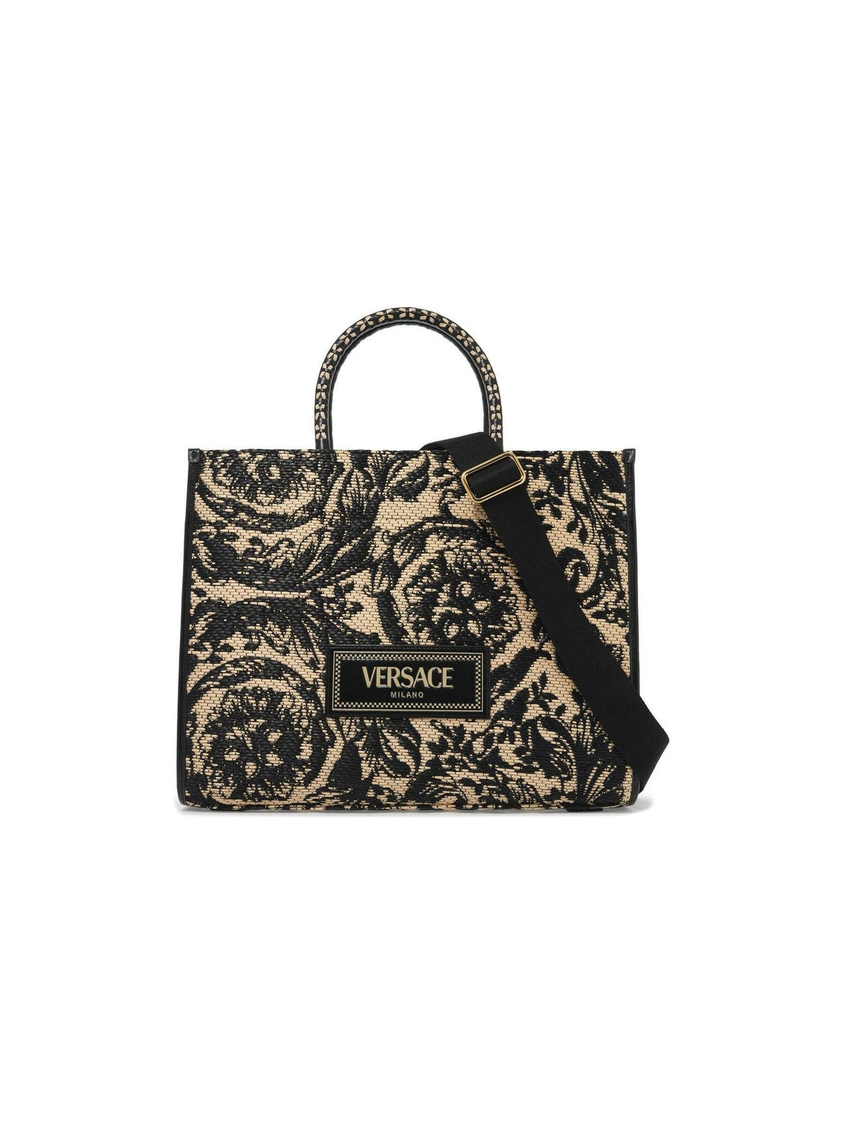 VERSACE-Medium Raffia Barocco Athena Print Tote Bag-JOHN JULIA