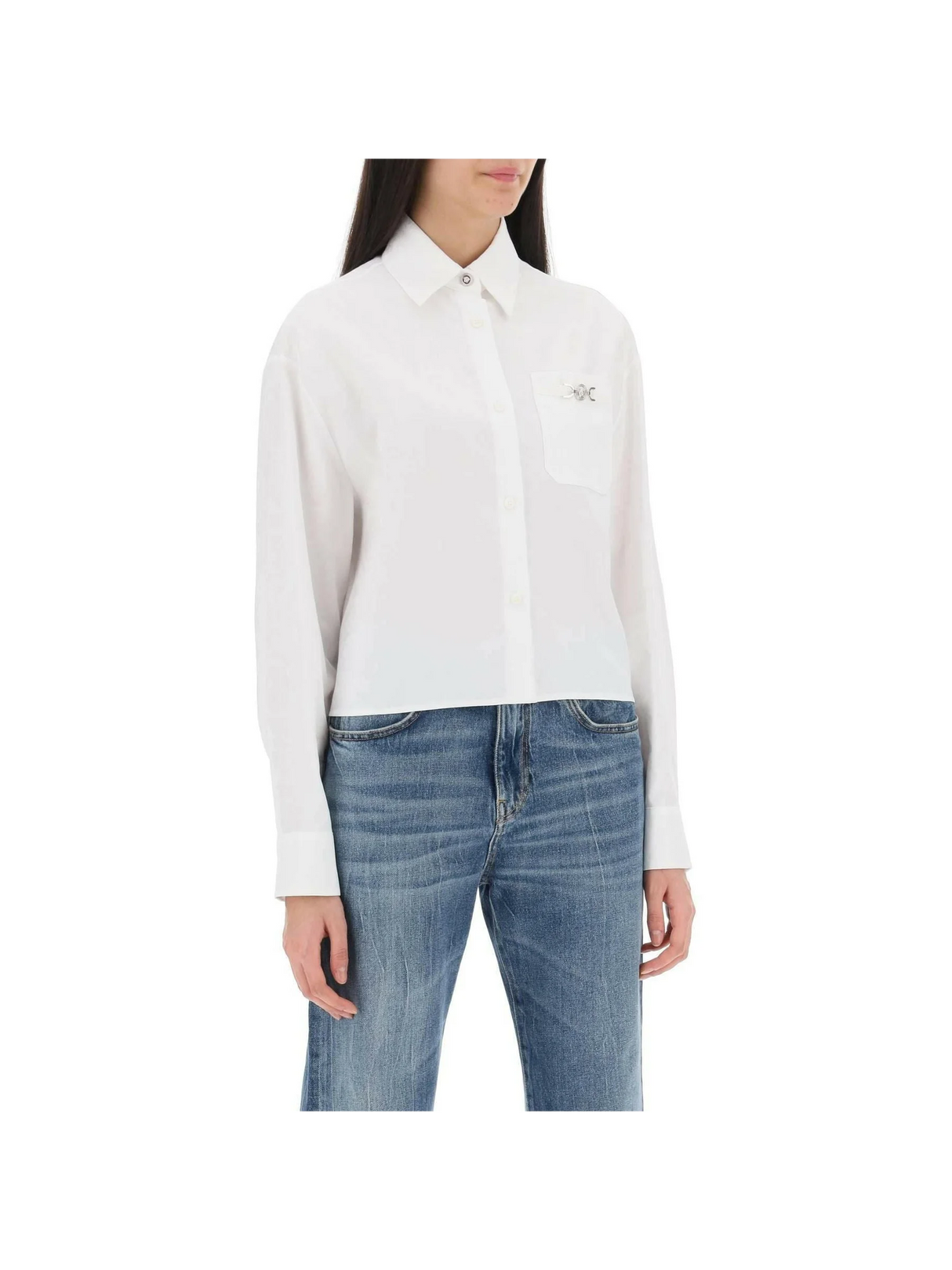 Optical White Cotton Poplin Barocco Cropped Shirt With Medusa '95 Detail VERSACE JOHN JULIA.