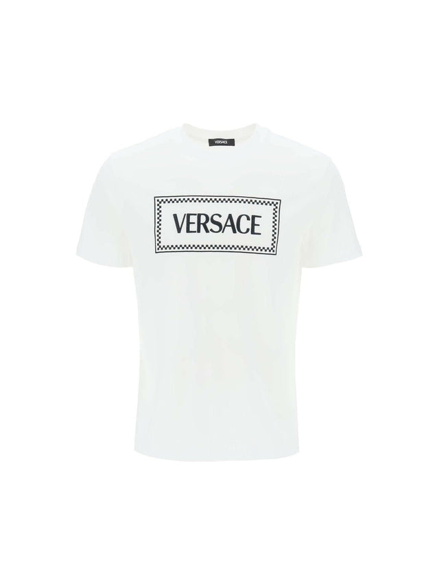 Optical White Embroidered Logo Cotton T-Shirt VERSACE JOHN JULIA.