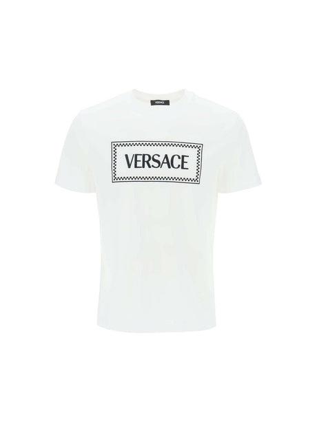 Optical White Embroidered Logo Cotton T-Shirt VERSACE JOHN JULIA.