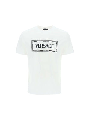 Optical White Embroidered Logo Cotton T-Shirt VERSACE JOHN JULIA.