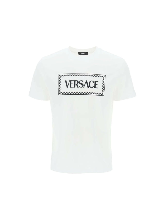 Optical White Embroidered Logo Cotton T-Shirt VERSACE JOHN JULIA.