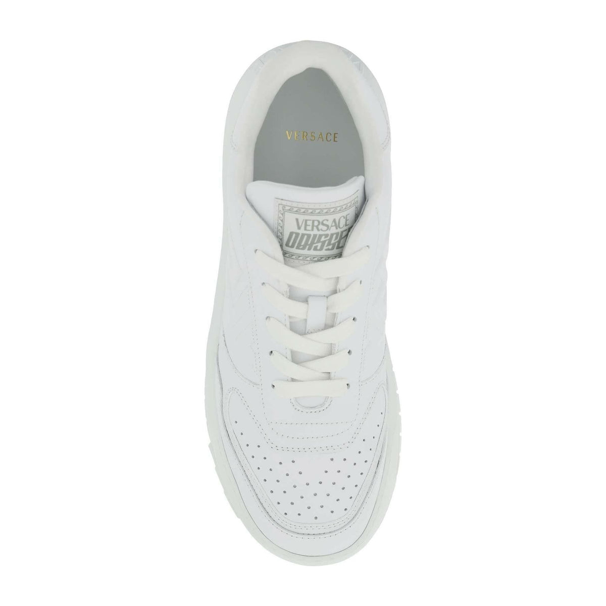 Optical White Leather Odissea Sneakers With Lettering Print On Heel VERSACE JOHN JULIA.