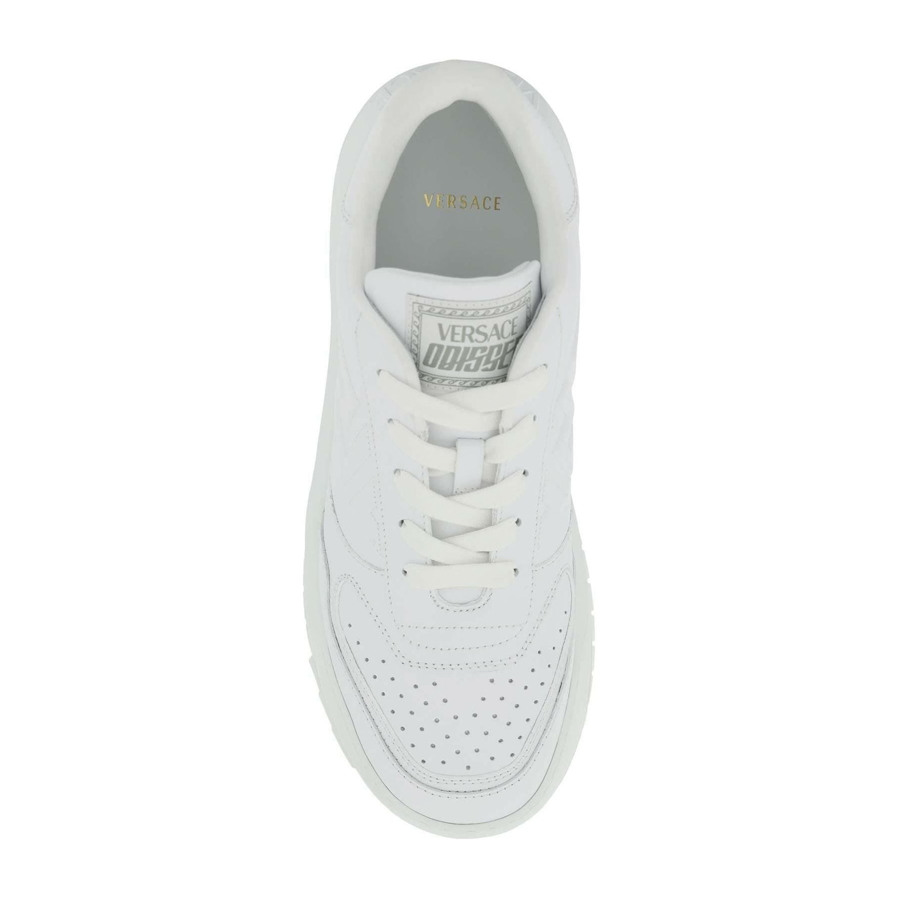 Optical White Leather Odissea Sneakers With Lettering Print On Heel VERSACE JOHN JULIA.