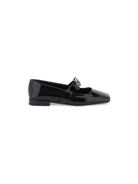 Black Patent Leather Open Toe Ballet Flats With Gianni Ribbon VERSACE JOHN JULIA.