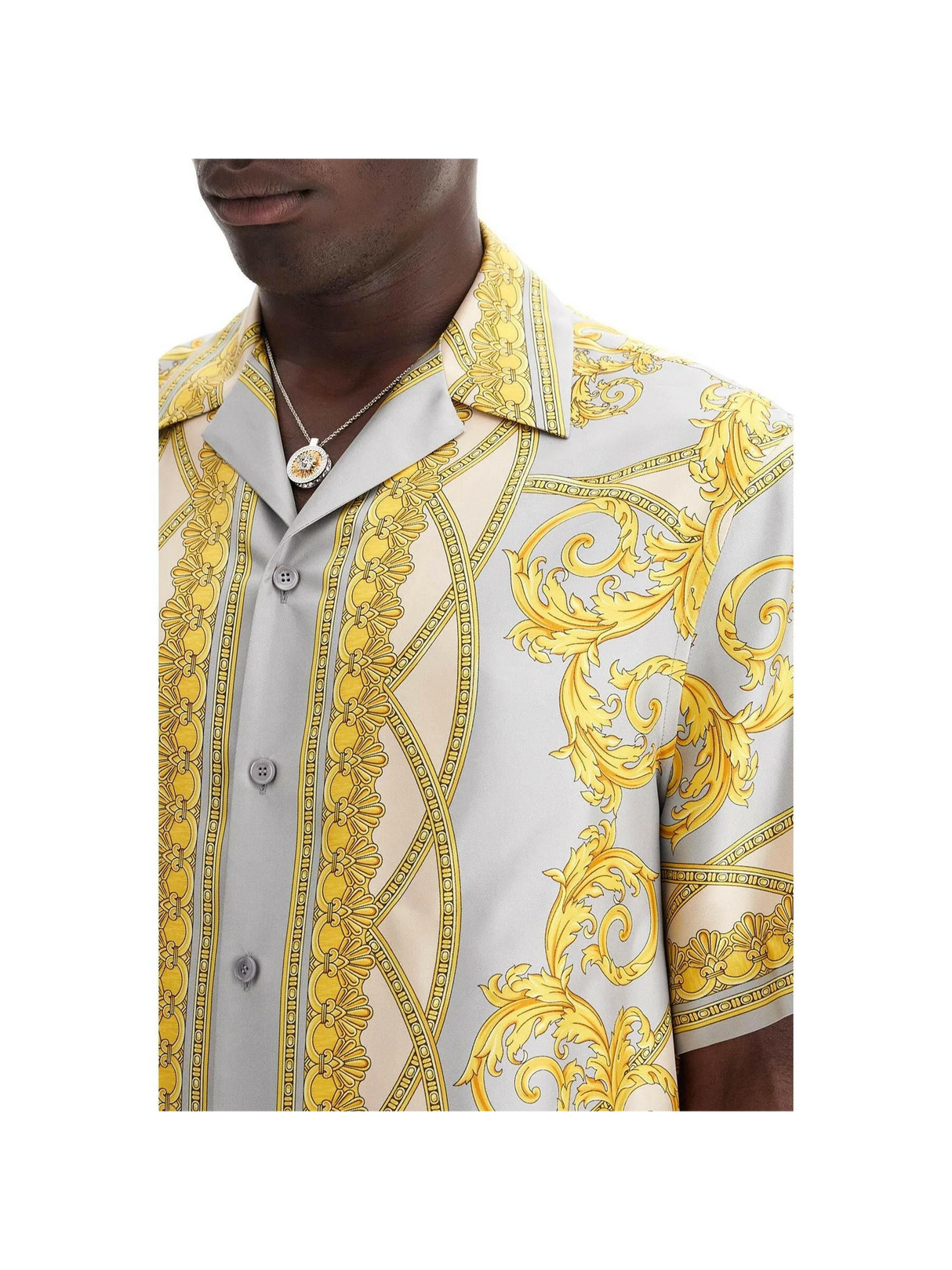 "Printed Silk Bowling Shirt From The Gods' Collection.