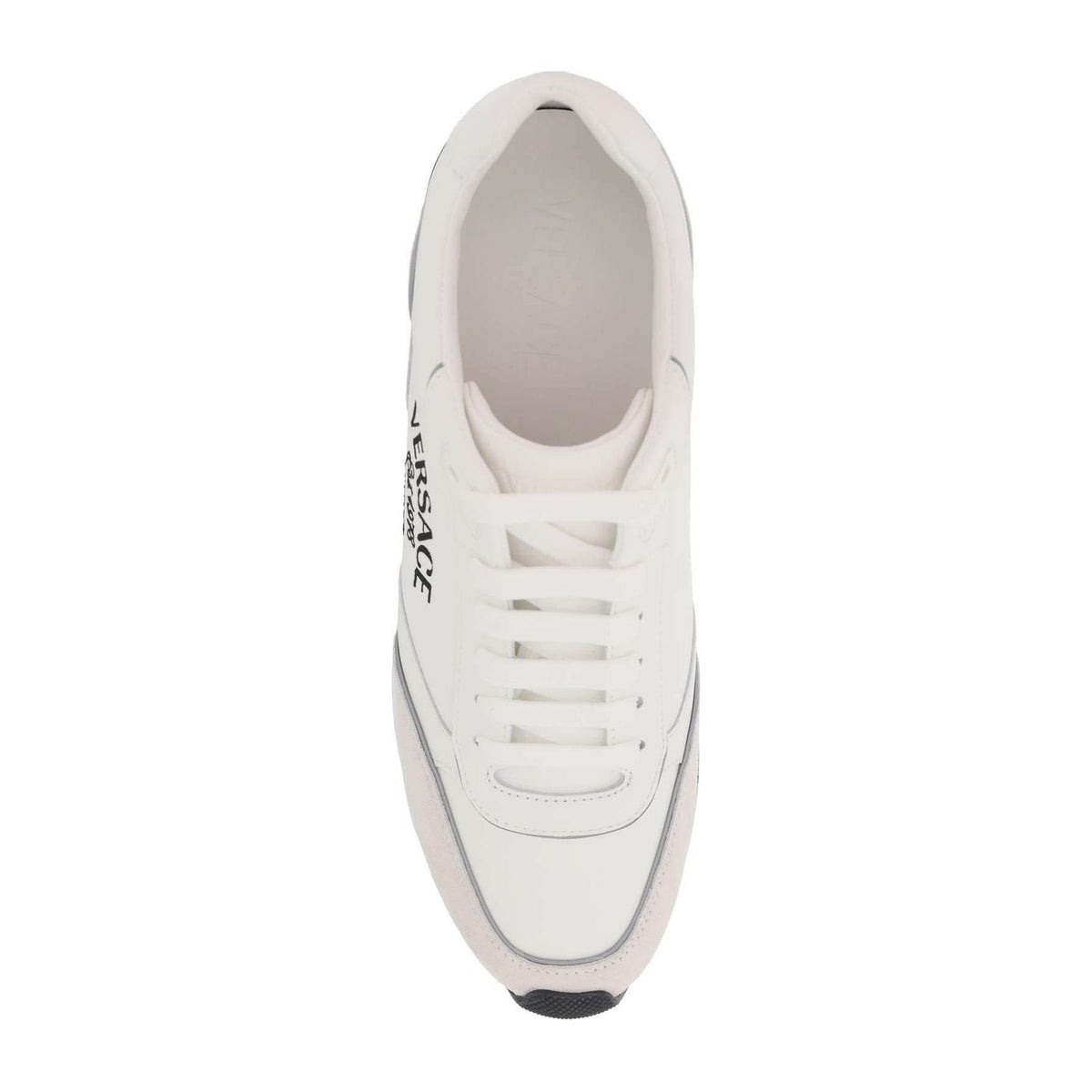 White Smooth And Suede Leather Milano Runner Sneakers With Embroidered Lettering VERSACE JOHN JULIA.