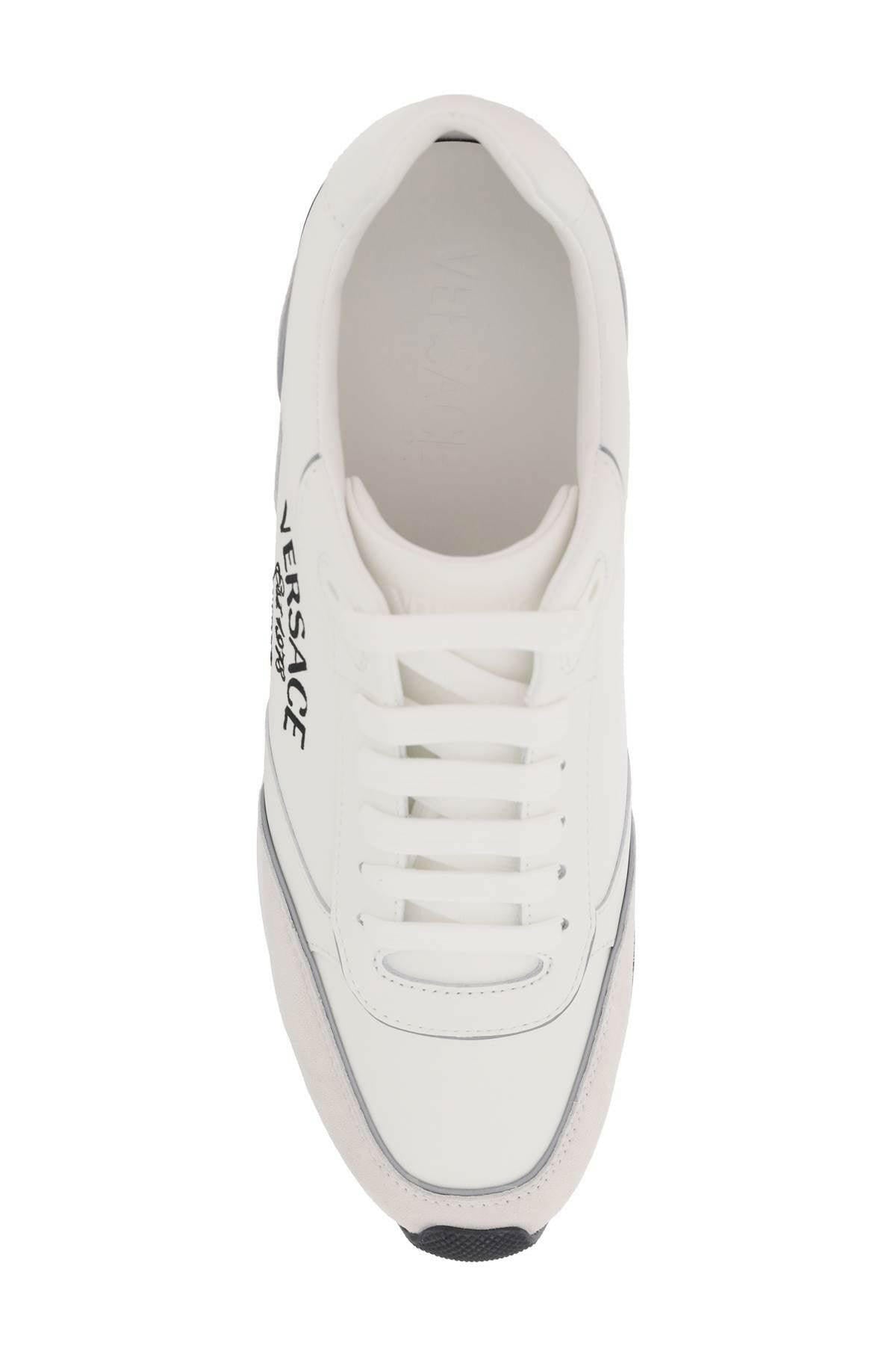 White Smooth And Suede Leather Milano Runner Sneakers With Embroidered Lettering VERSACE JOHN JULIA.