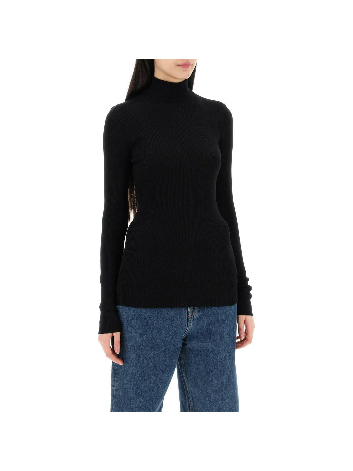 Black Ribbed Wool Turtleneck Sweater WARDROBE.NYC JOHN JULIA.