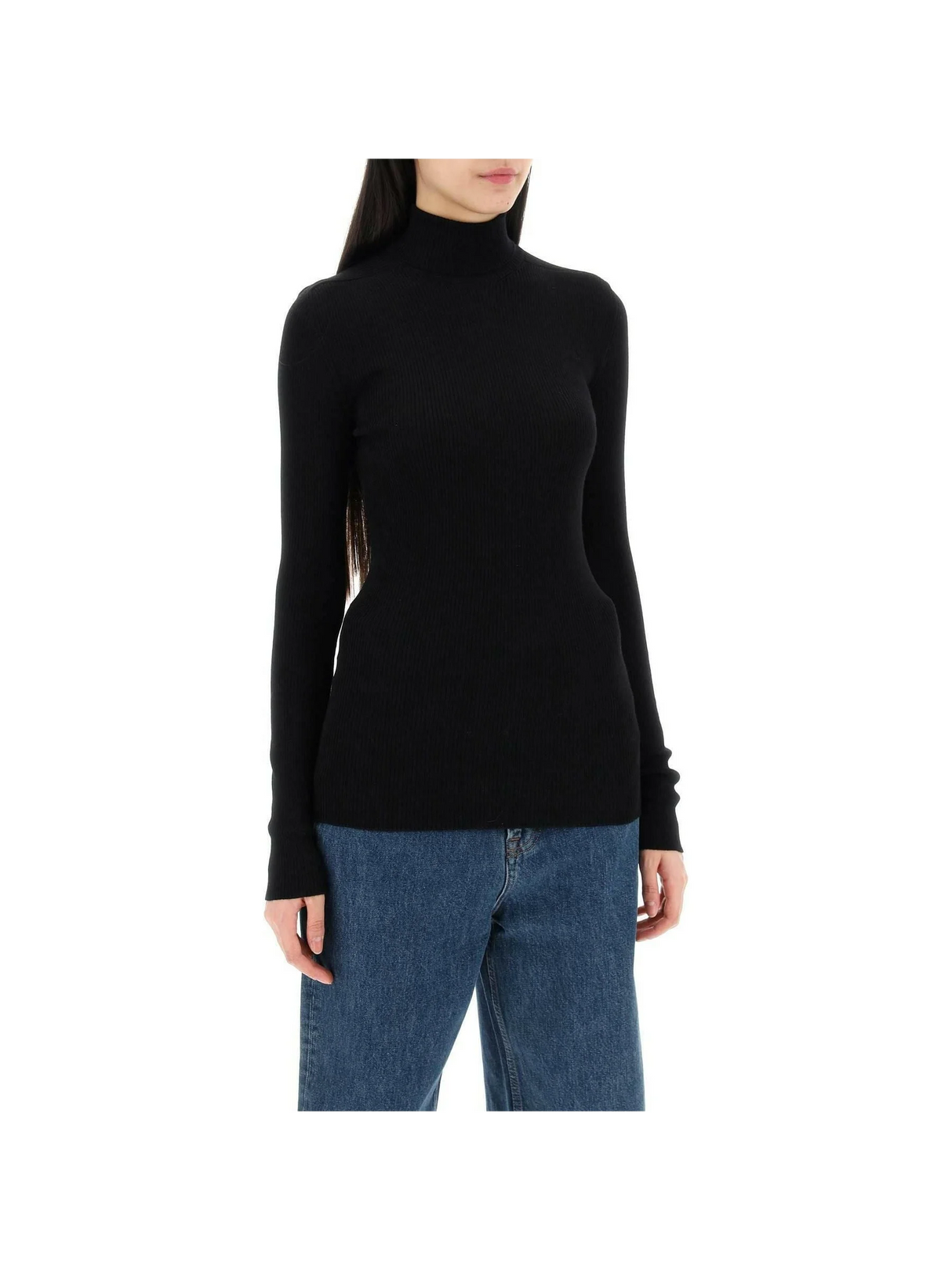 Black Ribbed Wool Turtleneck Sweater WARDROBE.NYC JOHN JULIA.