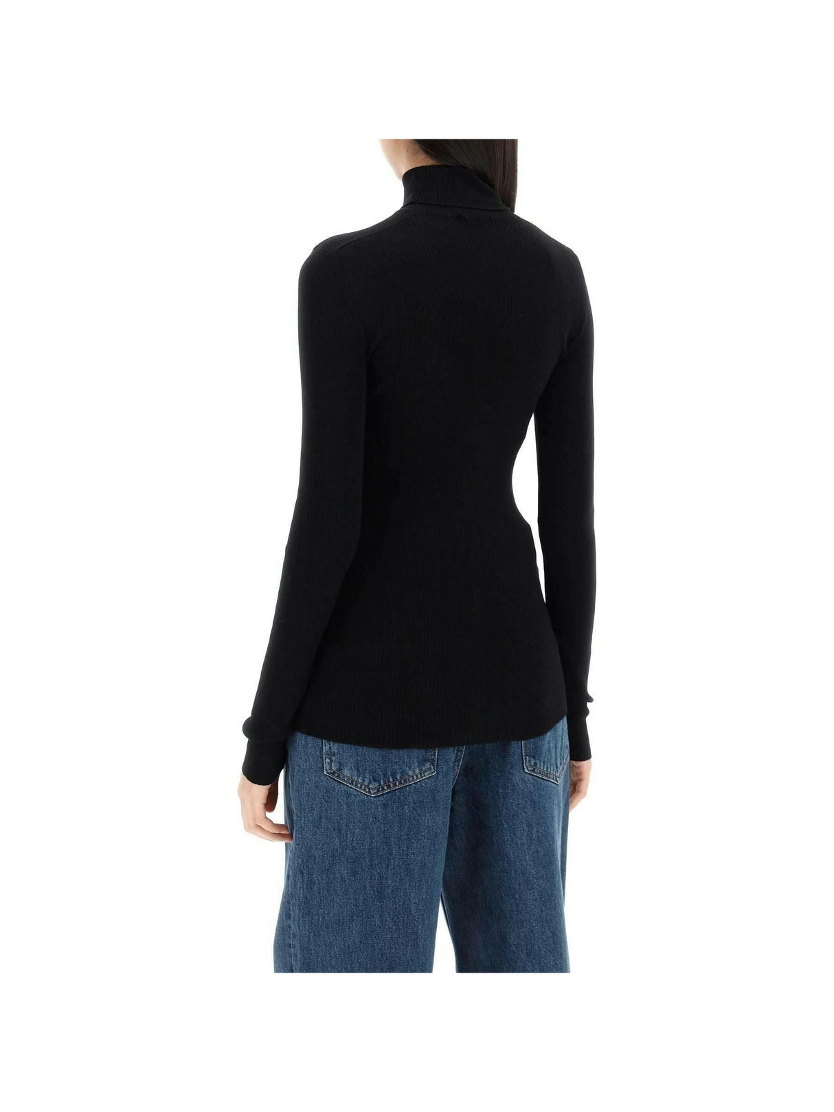 Black Ribbed Wool Turtleneck Sweater WARDROBE.NYC JOHN JULIA.