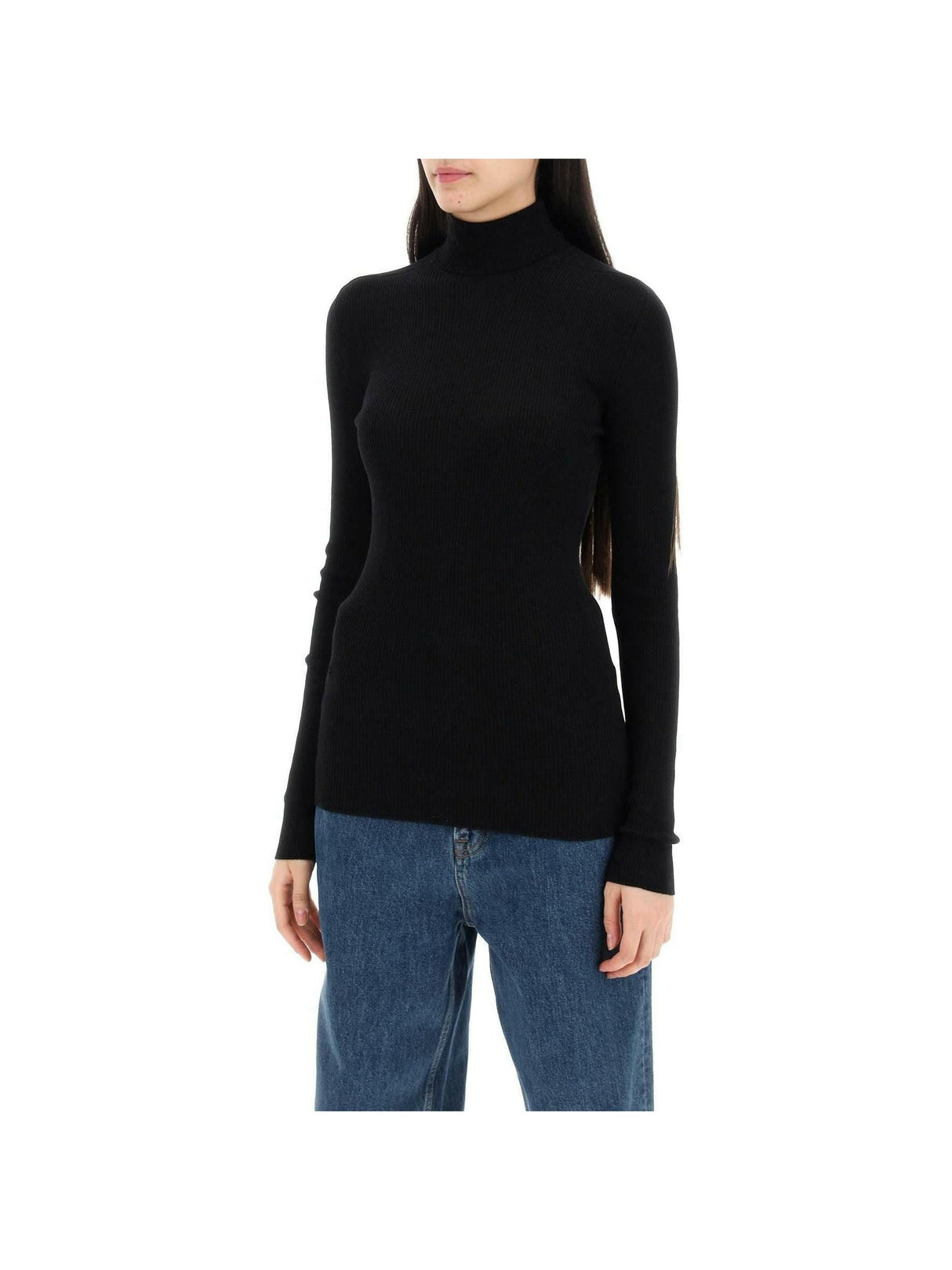 Black Ribbed Wool Turtleneck Sweater WARDROBE.NYC JOHN JULIA.