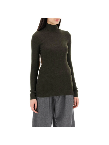 Dark Green Ribbed Wool Turtleneck Sweater WARDROBE.NYC JOHN JULIA.