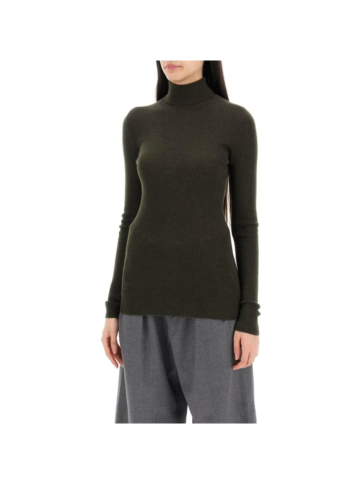 Dark Green Ribbed Wool Turtleneck Sweater WARDROBE.NYC JOHN JULIA.