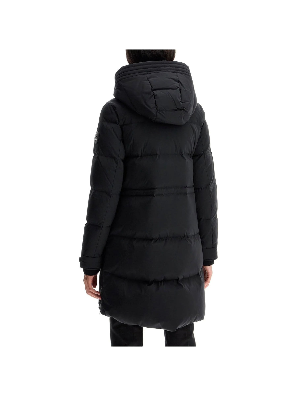 Back view of a Black Puffy Quilted Midi Down Jacket with a hood