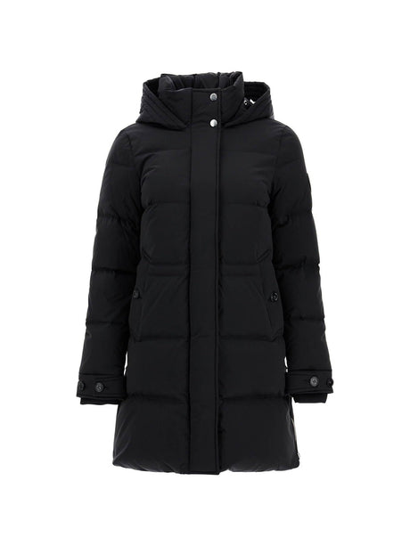 Black quilted midi down jacket featuring a hood and snap closures for winter warmth