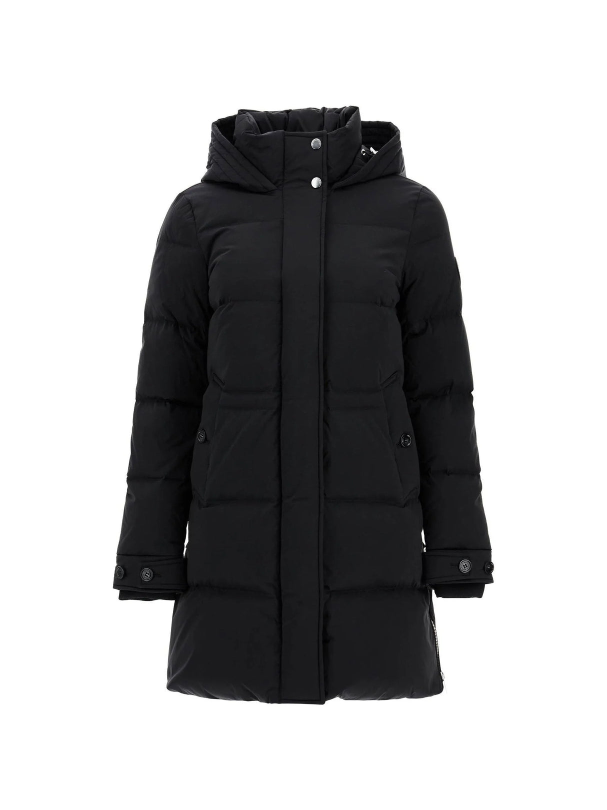 Black quilted midi down jacket featuring a hood and snap closures for winter warmth