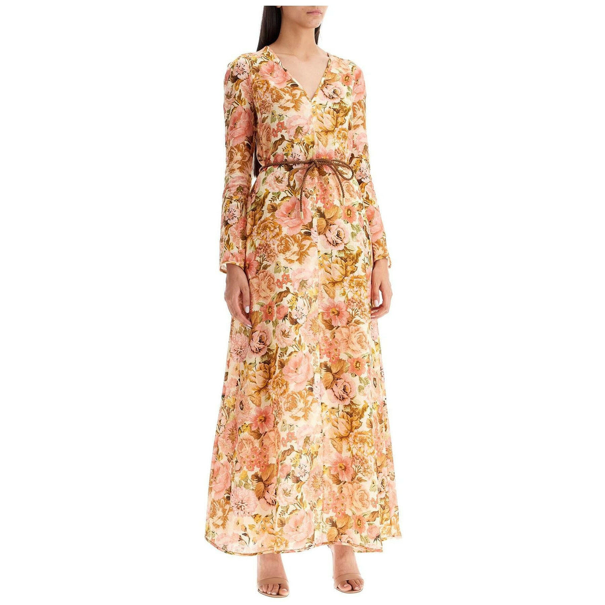 Golden Plunge Linen Maxi Dress.